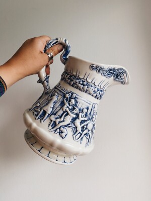 Robert Burns Yam O Shanter Raised Relief Tavern Scene Blue Washed Pitcher Jar