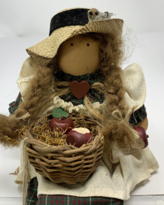 Lizzie High Wooden Doll - Dora Valentine - Apple Basket - Folk Art - Handcrafted