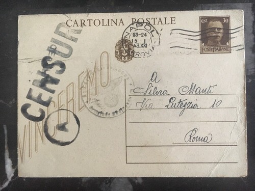 1943 Naples Italy Censored postcard cover to Rome WW2 - Photo 1 sur 2