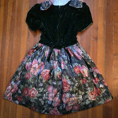 Vtg Jessica McClintock Green Velvet Metallic Floral Puff Sleeve Bows Dress Sz 12 - Picture 10 of 15