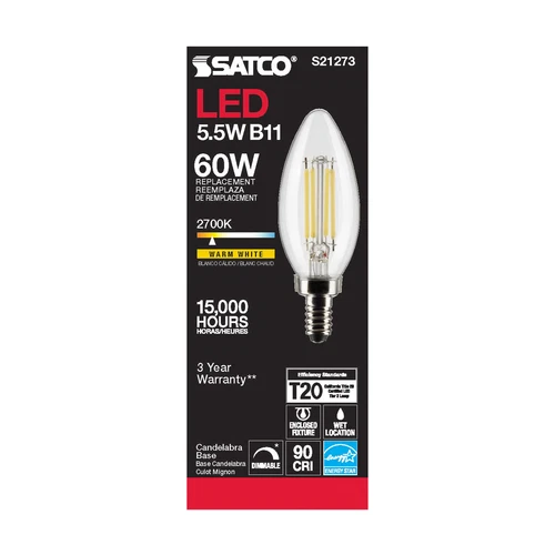 6 Pack Satco S21273 LED Filament 120V 5.5W 60W Torpedo B11 Candelabra E12 2700K - Picture 9 of 12