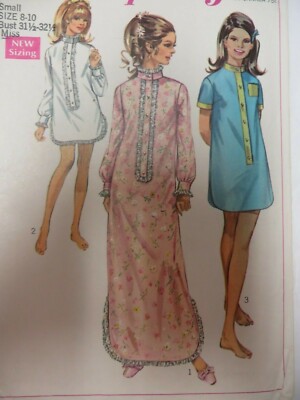 Vtg 1960's Simplicity 7912 NIGHTSHIRT SLEEPSHIRT PAJAMAS Sewing Pattern Women
