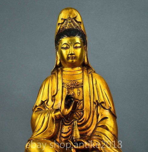 10" Old Chinese Copper Gild Buddhism Sit Kwan-yin Guan Yin Goddess Statue - Picture 6 of 8