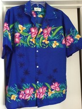 Helena's Men's Hawaiian Aloha Shirt Large Blue w/ Pink Yellow Floral Orchids VTG