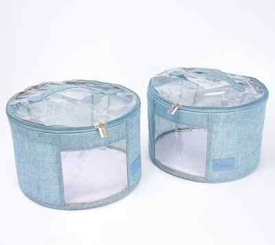 Periea Set of 2 Small Rounds Storage Container with Carrying Handles Blue Linen