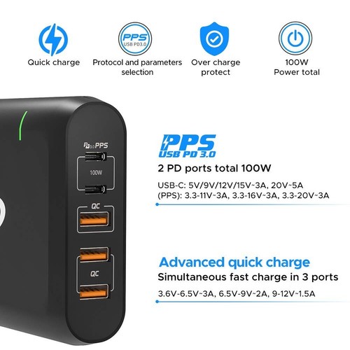100W Quick Charger, 5 Port USB Charger Station with 3 USB-C and 2USB-A Port - Picture 5 of 7