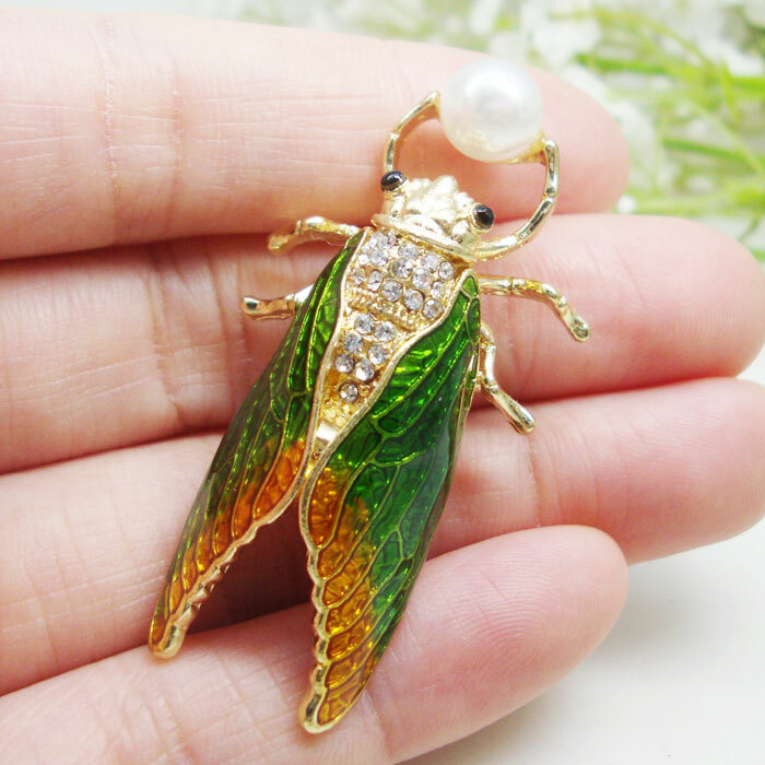 アクセサリー Hiroshi Elegant Cyan-blue Cicada Insect Woman's Pearl Brooch Pin Zircon