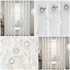 Curtain Net Panel Swirls Voile Foil Print Silver Gold Metallic Ringtop Eyelet