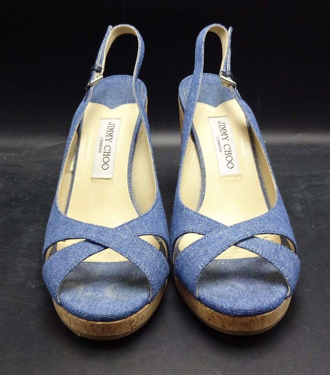 JIMMY CHOO Cork Wedge AMELY Slingback SANDAL Shoes BLUE DENIM
