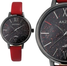 Damen Frauen Armbanduhr Rot Schwarz glitzer Kunstleder Armband 190/245 AKZENT