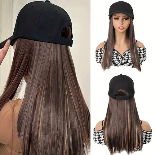 Baseball Cap Damen schwarz mit verstellbarer Mütze Perücke lang glatt Kunsthaar