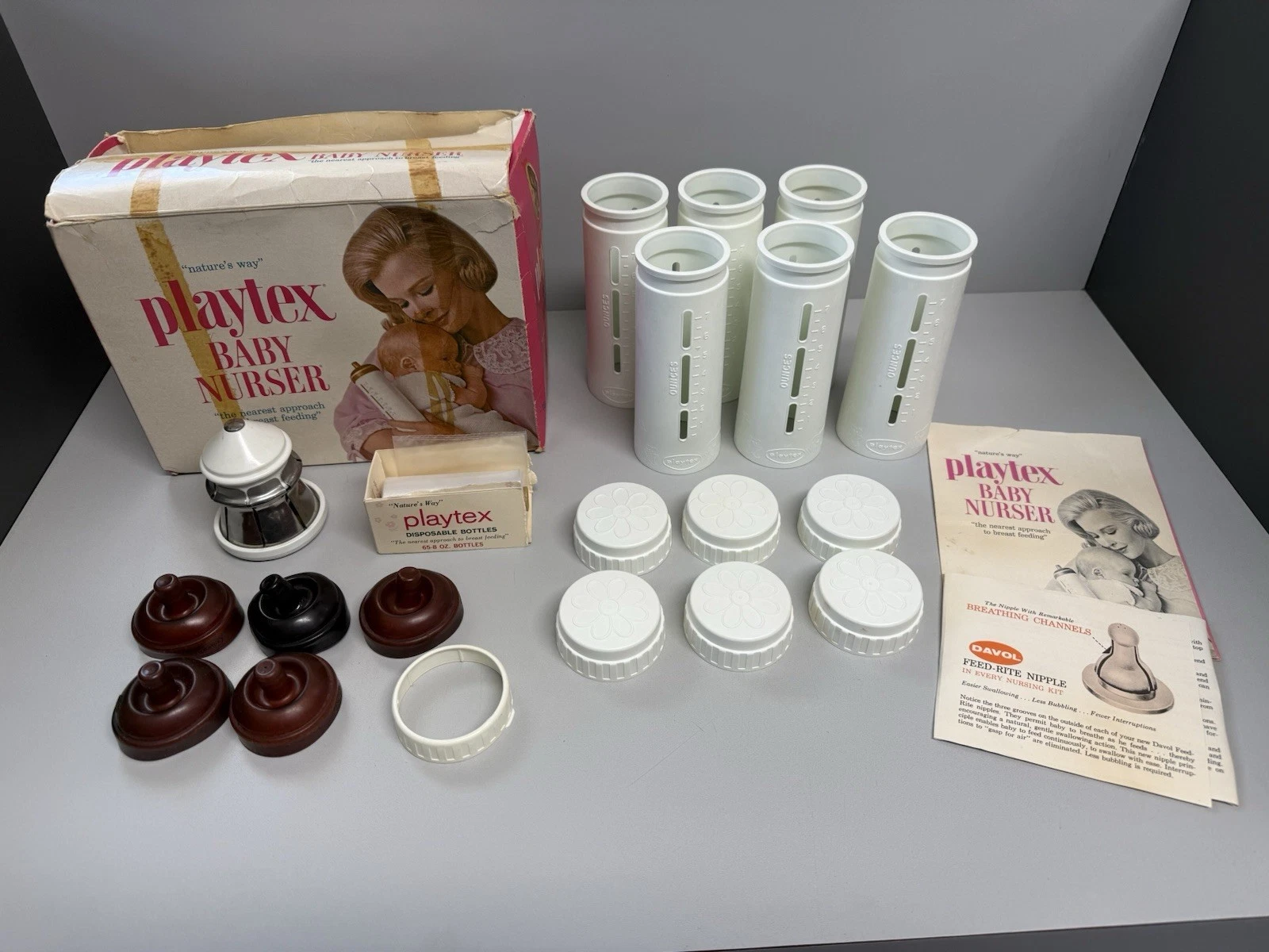 Vintage Playtex Flat Top Drop In Nursers Baby Bottles Kit
