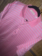 Peter Millar Polo Shirt Mens Size Medium Pink Striped Cotton Golf Short Sleeve