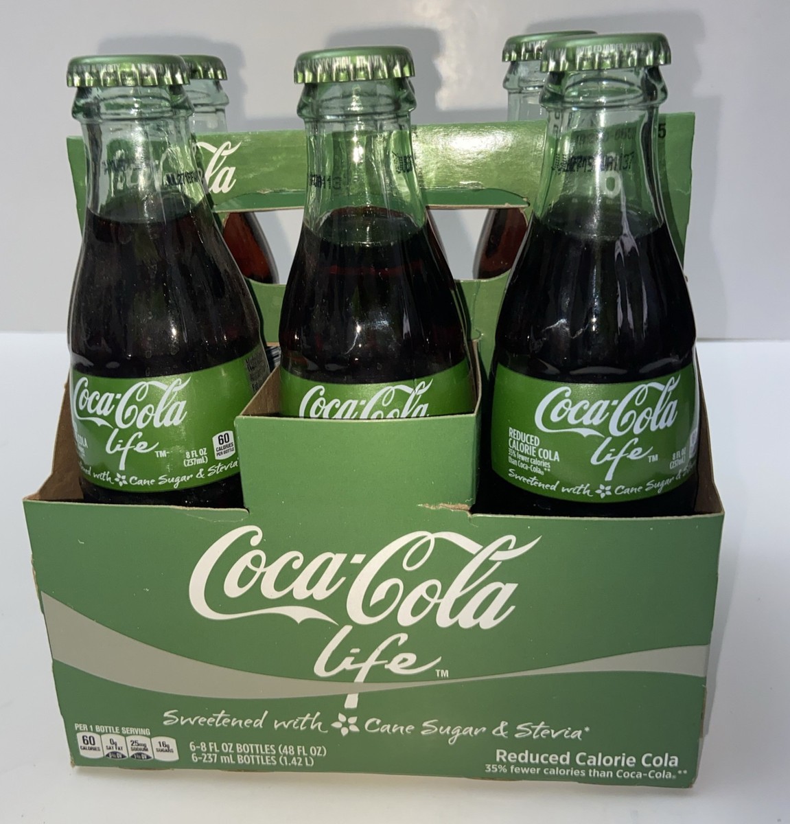 2014 Coca-Cola Life 6 Pack 8oz Glass Bottles Sealed Soda Cane