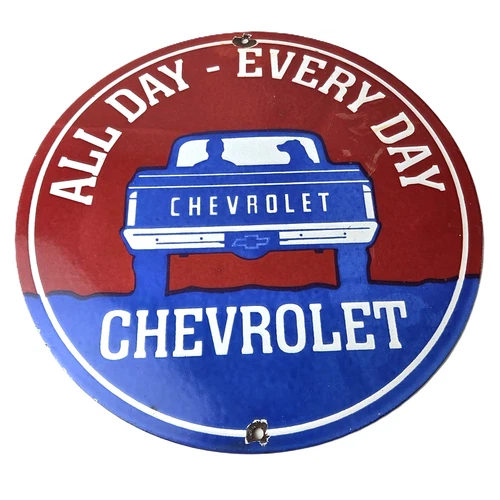 Vintage Chevrolet Porcelain Sign - Service Gas Pump Chevy All Day Man / Dog Sign