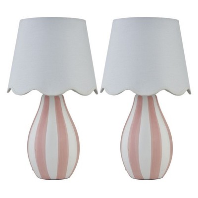 2er Set rosa & weiß Streifen Keramik Tischlampe Nachttischlampen gewellte Schirme