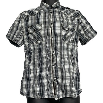 JACK JONES Shirt Mens Size M Gray Plaid Short Sleeves Button Up 100% Cotton
