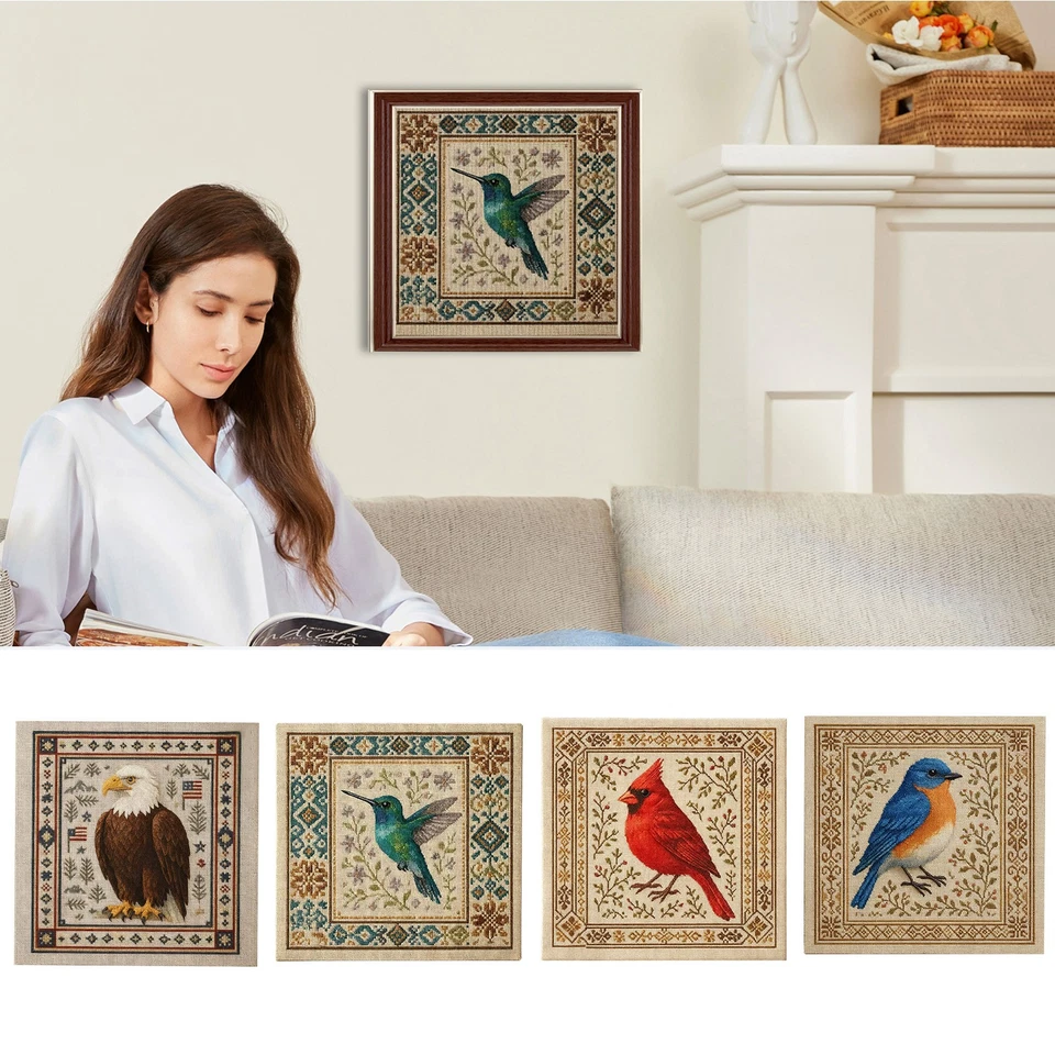 Kit de punto de cruz cardinal con patrón floral, kit de punto de cruz colibrí Foto 3 de 4