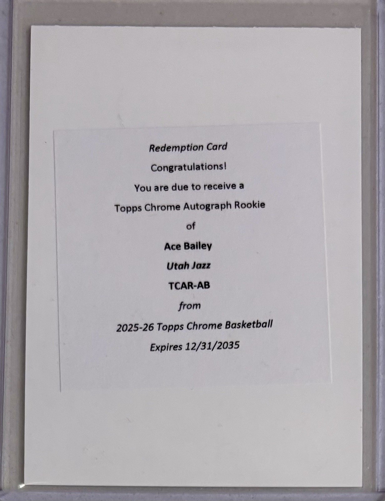 Ace Bailey 2025-26 Topps Chrome SP RC Auto Autograph #TCAR-AB Jazz