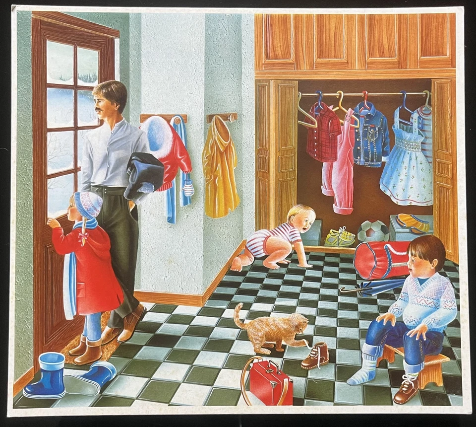 🏡 Ancienne affiche scolaire, 1980 - Maison, hiver, famille - Photo 1/1