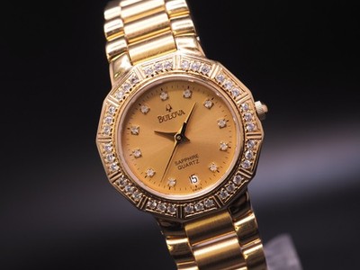 Vintage N MINT Bulova 1D47L Gold Tone Sapphire Qz 26mm Womens Watch JAPAN