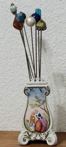 HAT PIN HOLDER  VICTORIAN  GARDEN SCENE   HAND PAINTED