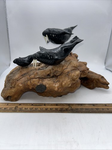John Perry Black Ebonite Sculpture Tusk Art 3 Walrus’s Jumping 1981 Burl Wood