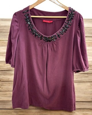 Elle Womens Size 3X Plum Shirt Top with Black Beaded Neckline Shirt Sleeve