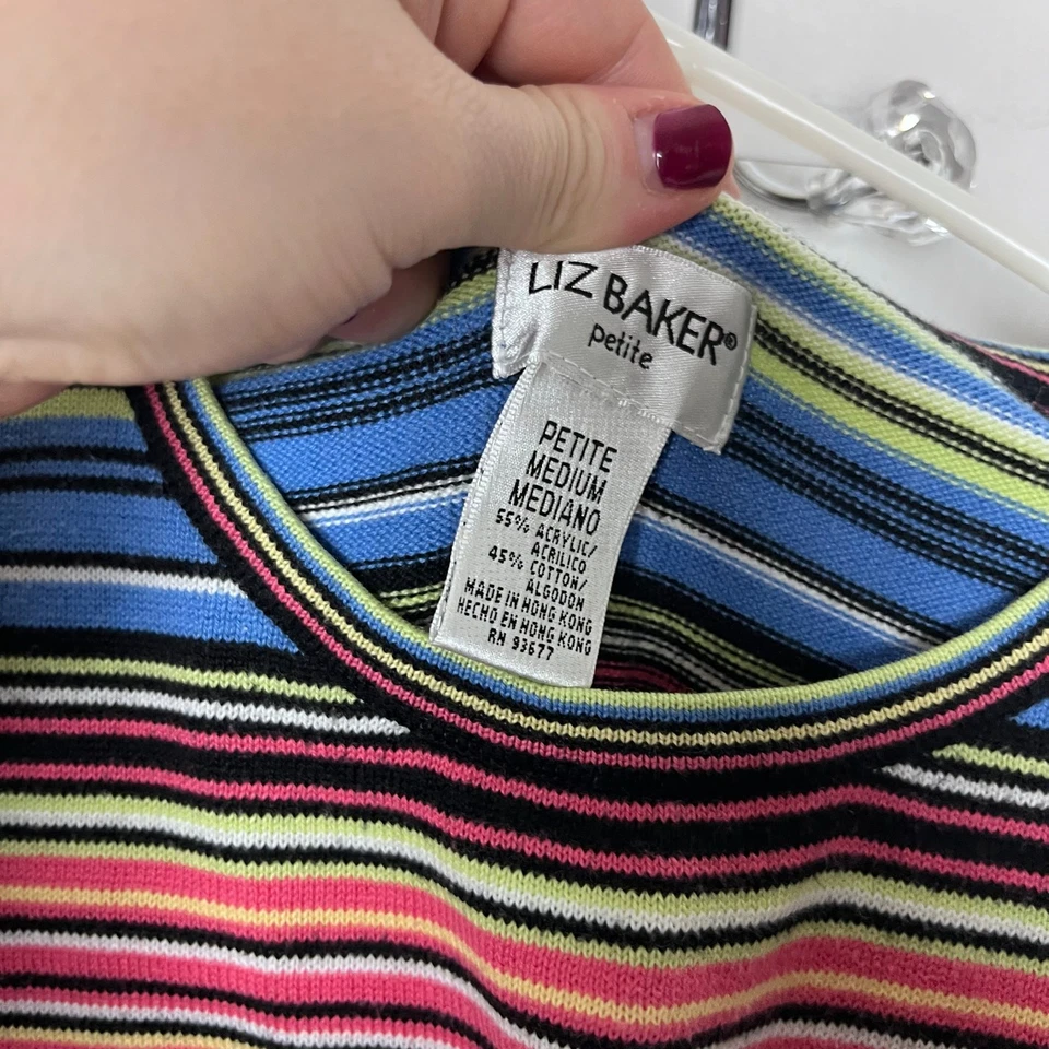 Camiseta cuadrada tejida a rayas rosa azul multicolor vintage Liz Baker años 90 talla MP Foto 3 de 4