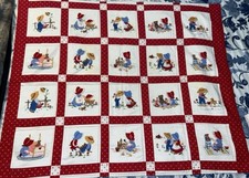 Baby Quilt Vintage 1950s Handmade-Quilt Panel Has Bonnet Girl/Straw Hat Boy-Farm
