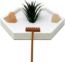 Nature's Mark Mini Zen Garden Kit for Desk with White Sand, Rake, White Base, Sa