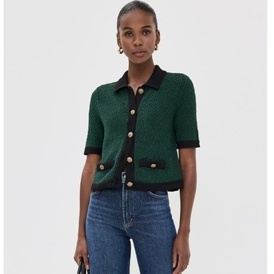 Veronica Beard Marie Cardigan Green Black Short Sleeve Button Front Sweater XS