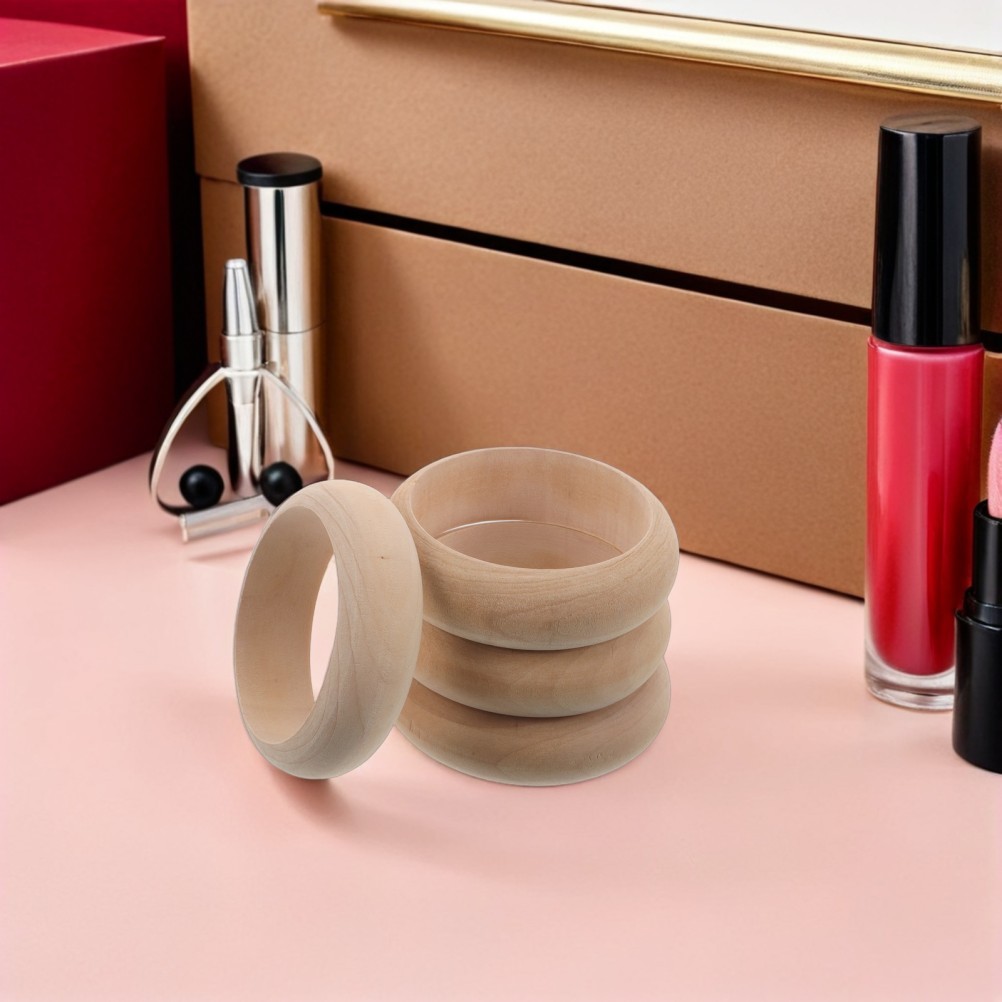  4pcs Wooden Bangle Bracelet - Log Retro Macrame Rings Unfinished Smooth Wood