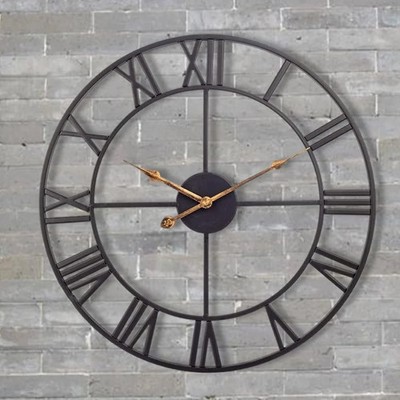 Large Industrial Wall Clock with Roman Numerals, Indoor Silent Non-Ticking Retro