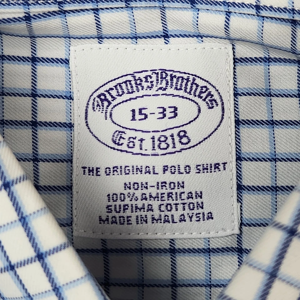 Brooks Brothers Shirt Mens 15 - 33 Blue Plaid Button Up Non Iron Supima Cotton - Image 4 of 4