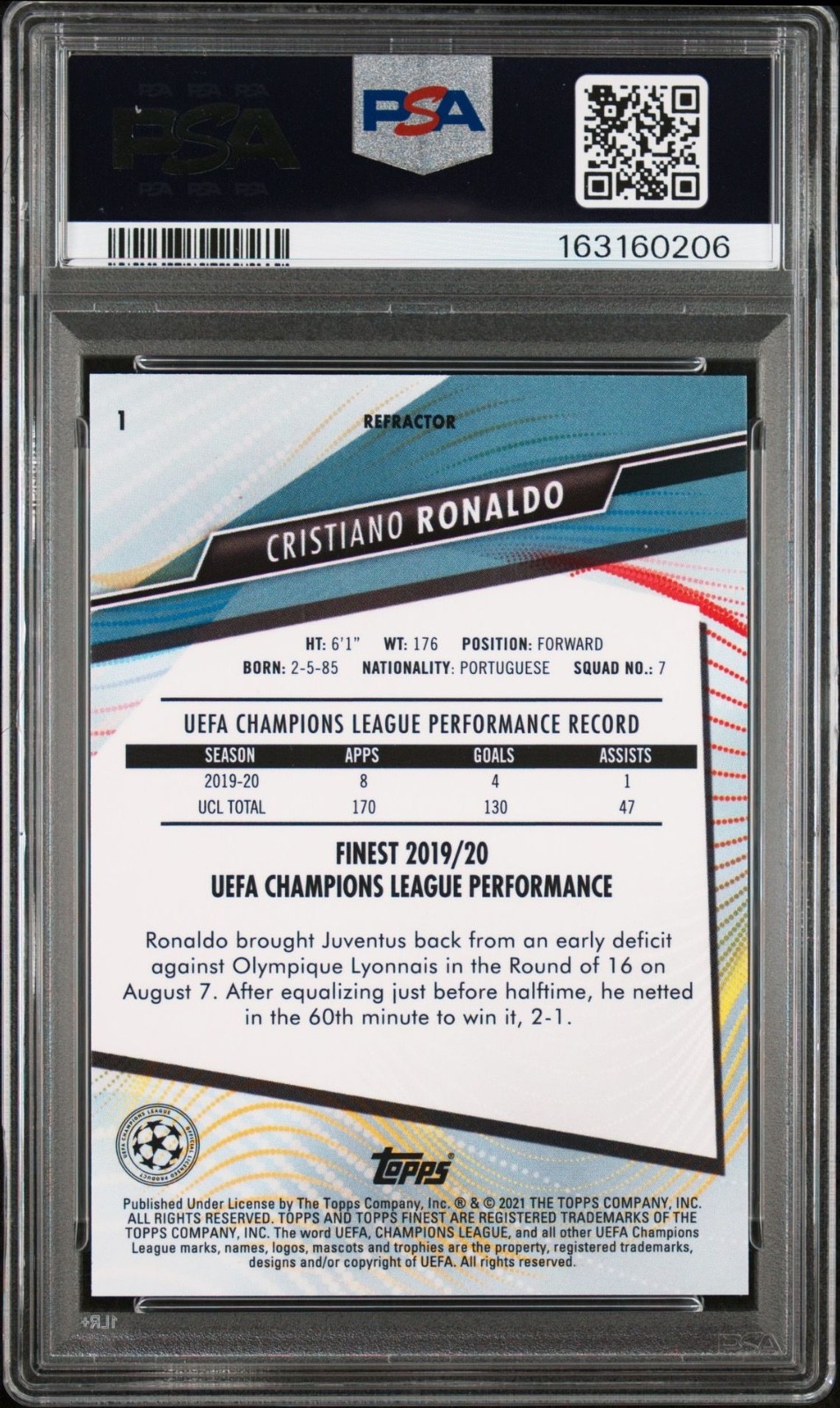 Cristiano Ronaldo 2020-21 Topps Finest UCL Refractor PSA 9 #1 view 2