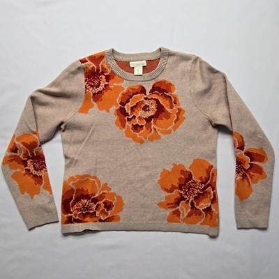 Cynthia Rowley Floral Sweater Beige Orange Flower Pattern L Fall Knit Crewneck