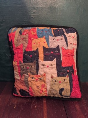 Kitty Cat Throw Pillow Quilted Design Colorful Cats Adorable Pet Lovers Cushion 