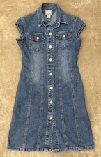 Y2K Size SMALL RAVE Jean Shirt Dress Button Front Retro Denim Stretch Collared