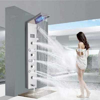 Wall Mount Stainless Steel LED Shower Panel Tower System Rainfall Waterfall Head