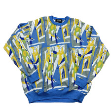 Vintage Grandpa Sweater Men XL Blue Yellow Geometric Crewneck Abstract 90s Trent