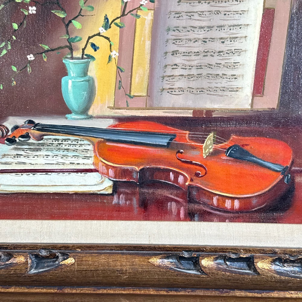 Original oil painting on canvas Still Life with Violin Signed Gilles 22 x 22 "
