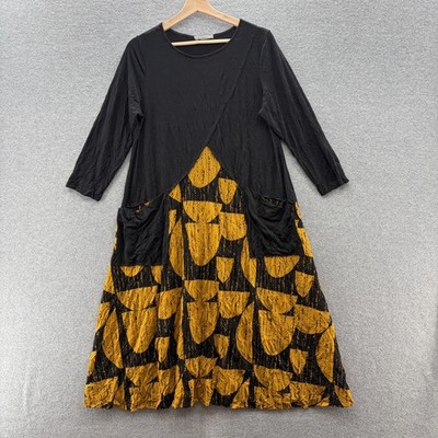 Chalet Dress Small Black Yellow Geo Print Lagenlook Relaxed Trapeze Midi Pockets