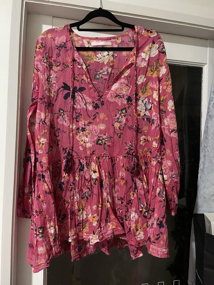Lola Australia Pink Floral 100% Cotton V-Neck Long Sleeve Tunic Blouse S