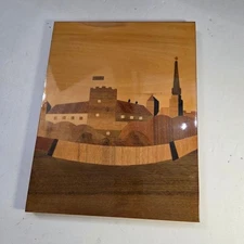 MCM Vintage Marquetry Wood Inlay Veneer Art Picture - Church / Town Scene