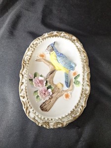 Vintage HOMCO 3D Porcelain Wall Hanging Blue Jay Yellow Bird Plaque Taiwan