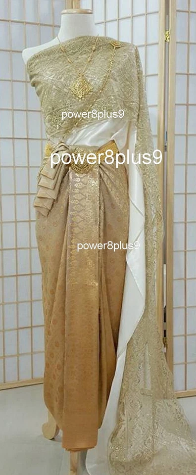  Vestido de novia tailandés vintage JeebNaNang falda faja encaje un hombro cena de gala  Foto 3 de 4