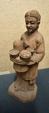 Antique Wooden Asian Statue Woman Carrying Basket