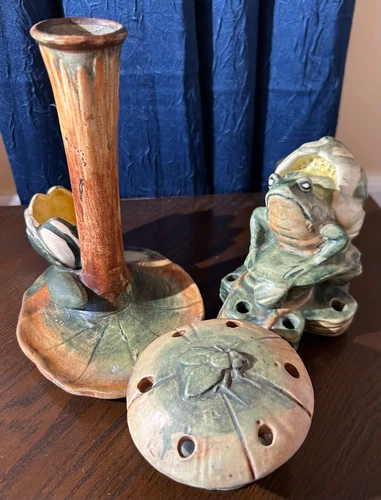 Antique Weller Pottery Muskota Flower Frog In A Lily Pad, Mushroom, and Vase
