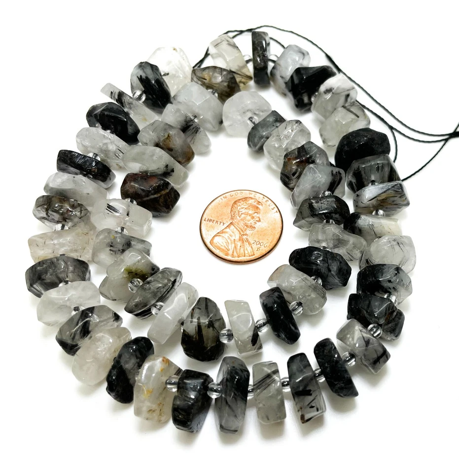 Natural Cloudy Black Tourmaline Quartz Faceted Flat Nugget Gemstone Beads RDF15 - Image 3 of 3
